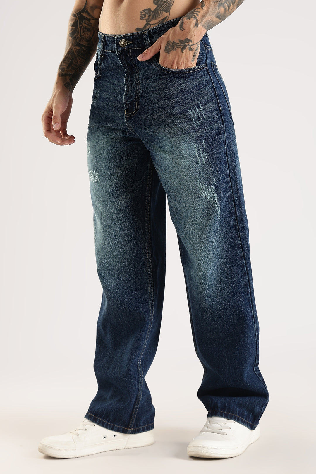 SCRATCHY DARK BLUE JEANS